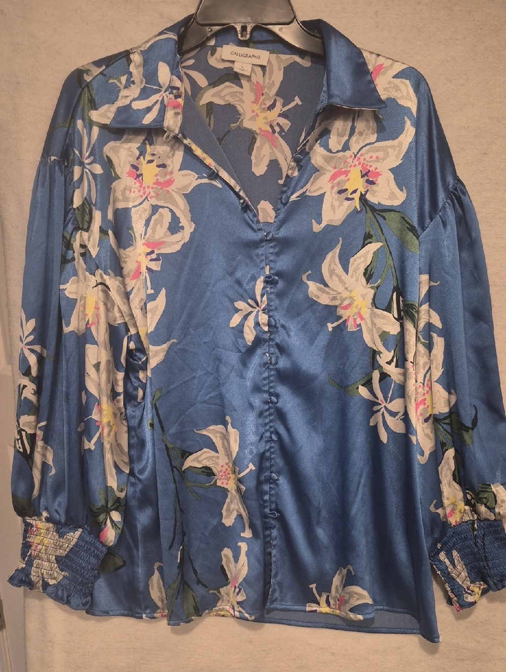 Calypso Blue Floral Satin Button-Front Blouse